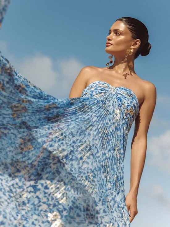 Lulus Dresses & Skirts - Lulus Lynwen Blue Abstract Pleated Strapless Maxi Dress - Size S